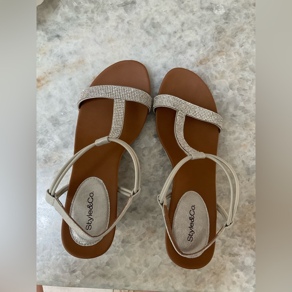 Style & Co Mulan Embellished T‑Strap Silver Sandals